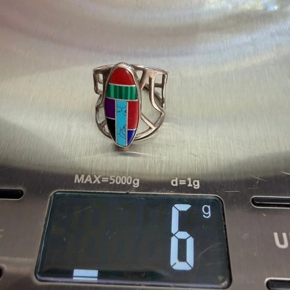 Sterling Silver Southwestern‎ Multi Gemstone Inlay Statement Ring Size 5.5